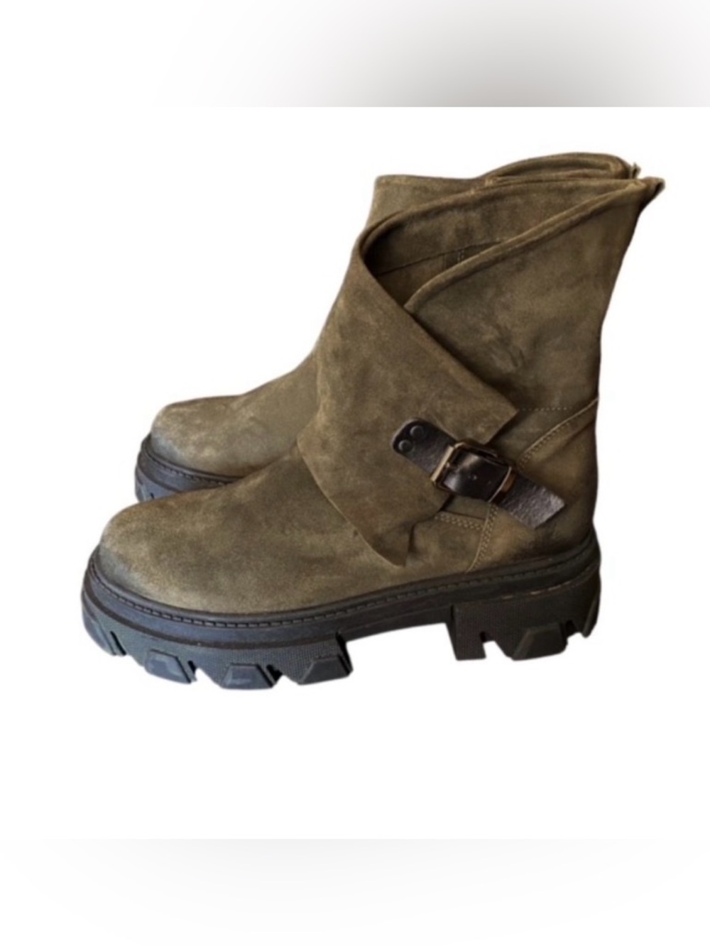 Venezia Olive Green Suede Combat Moto Boots